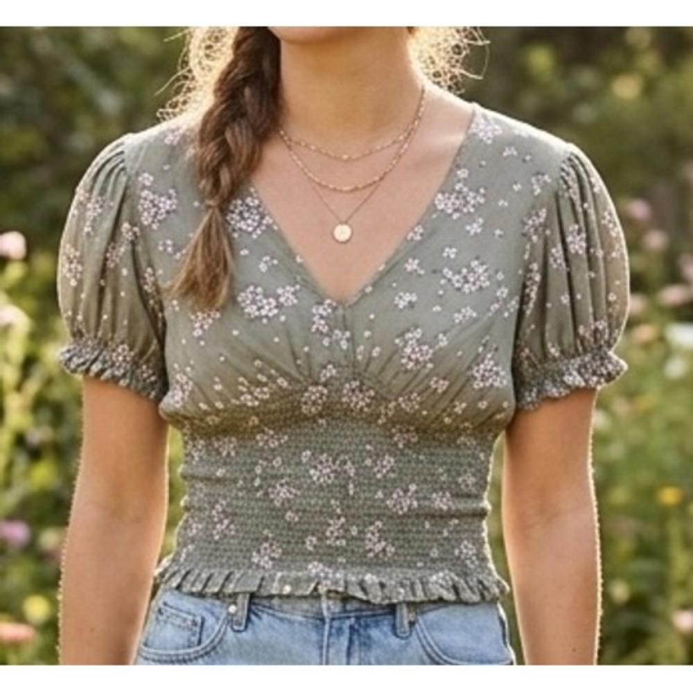 Japna‎ Sage Green Floral Smocked Waist Puff Sleeve V-Neck Blouse XS Cottagecore